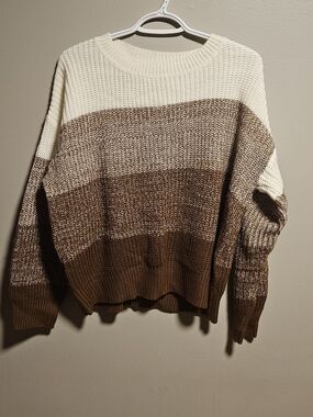SHEIN Cream and Brown Striped Colorblock Knit Sweater